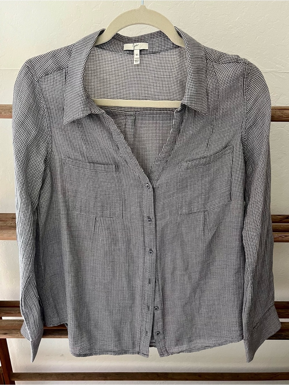 Joie Cotton Voile Houndstooth Button-Front Gray and White Check Blouse